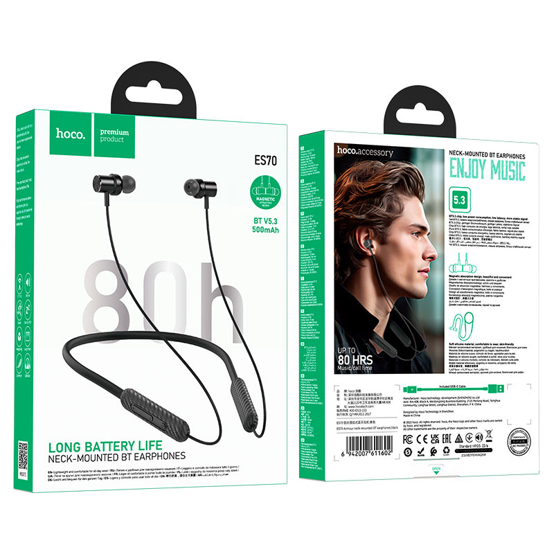 Hoco ES70 Long Battery Backup Bluetooth Neckband Earphone